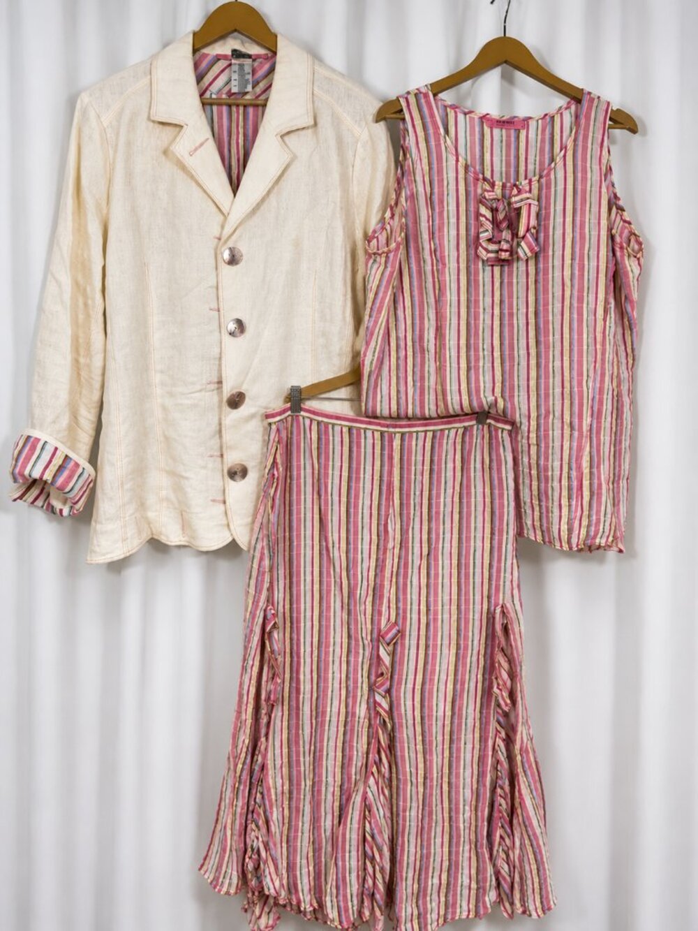 Vintage Alain Weiz 3 Pc Linen Blend Skirt Suit Set Size 20 / 22 Pink Stripe